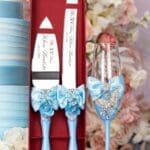 Light blue with butterflies Quinceanera cake knife set with 1 glass