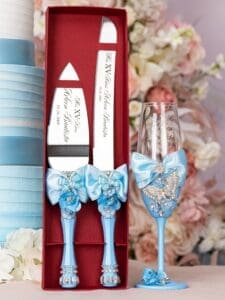 Light blue with butterflies Quinceanera cake knife set with 1 glass