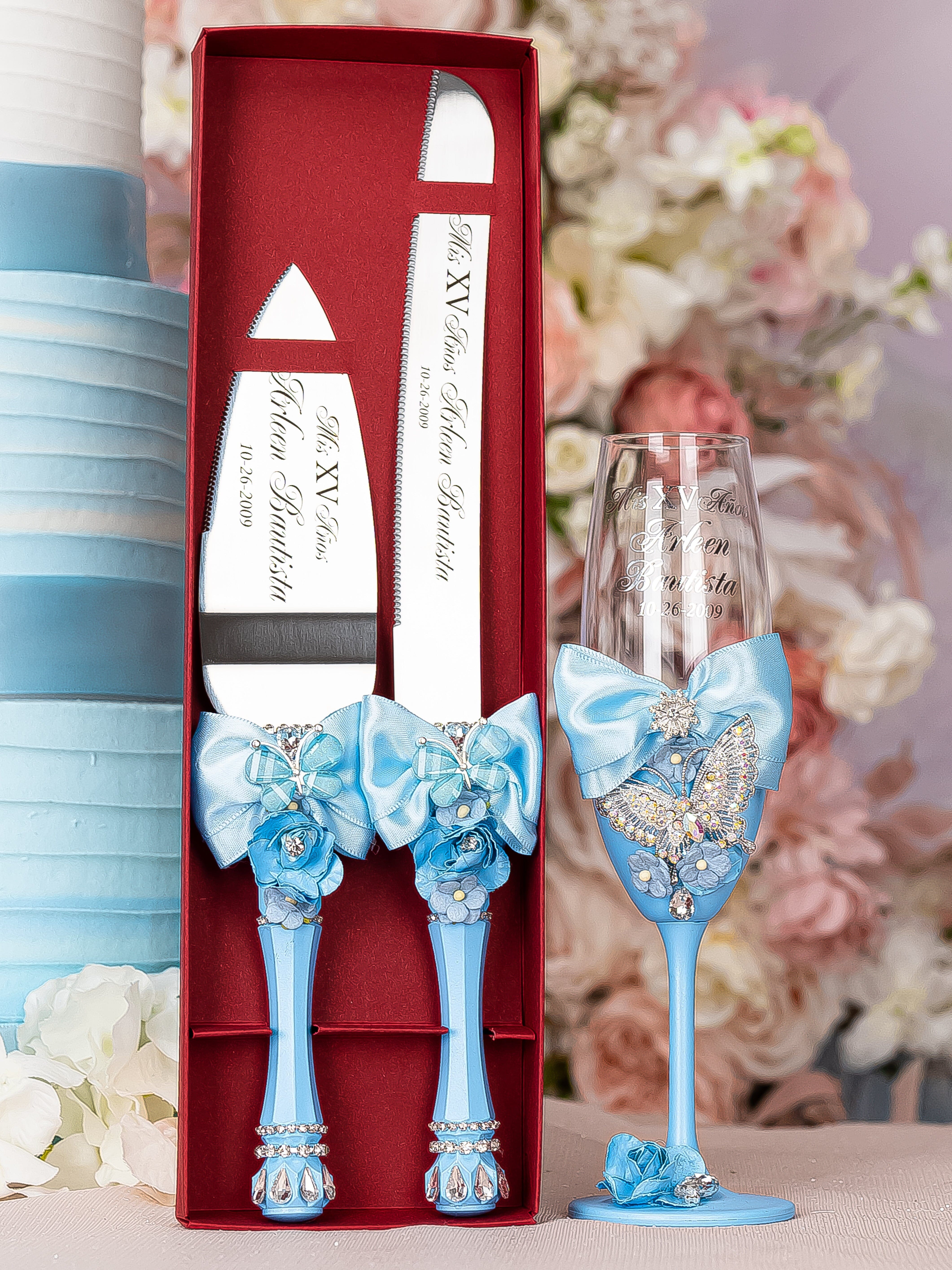 20240821-Dsc08469_277B02Df-8Ca8-4Ab7-8E99-B730A9Aac4E0.Jpg Light Blue With Butterflies Quinceanera Cake Knife Set With 1 Glass - Image 1