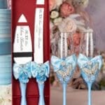 Light blue with butterflies quinceanera cake knife set with 2 glasses