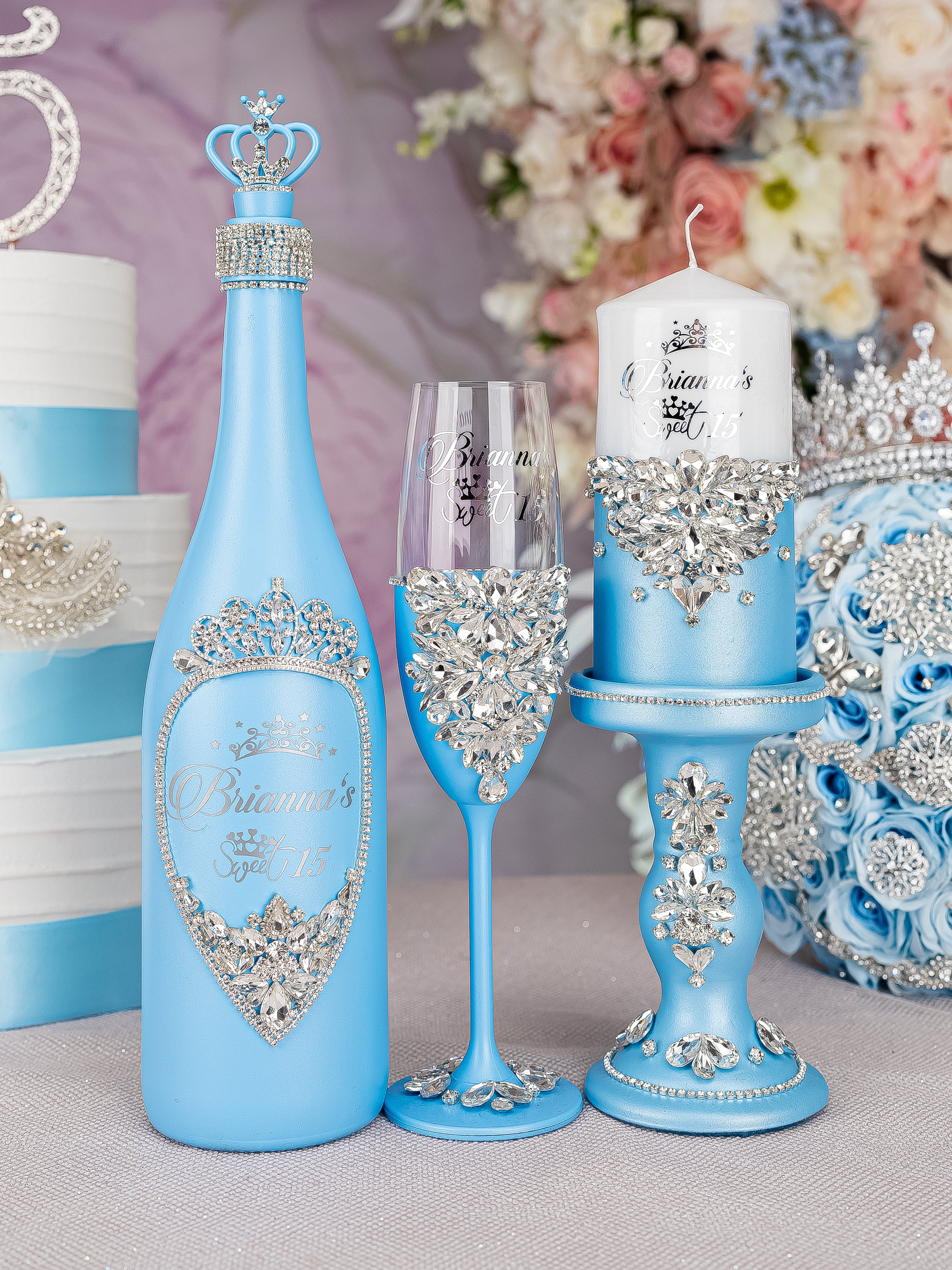 Hover_113F332E-8B78-4905-8B67-393Cc7Ecaf0E.jpg Light Blue Quinceanera Package Of Bottle, Glass And Candle - Image 1