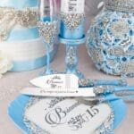 Light blue quinceanera brindis package with candle