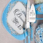 Light blue quinceanera cake knife set with plate and fork