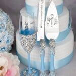 Light blue quinceanera cake knife set with 1 glass