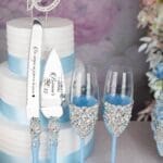 Light blue quinceanera cake knife set with 2 glasses
