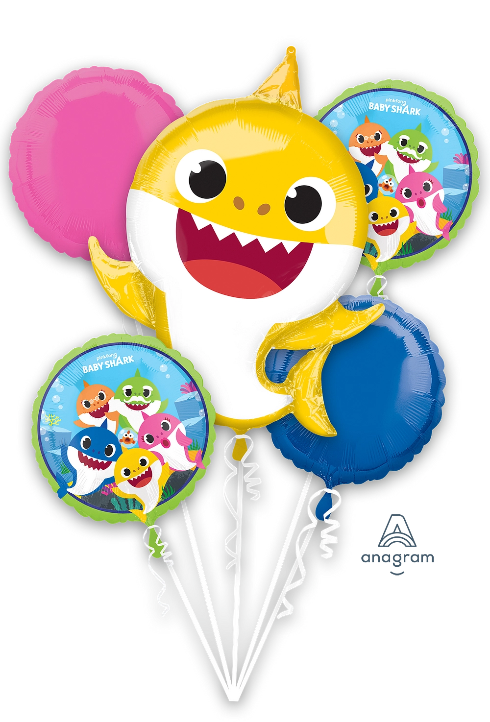 40762-Baby-Shark.webp Baby Shark Foil Balloon Bouquet (5 Balloons) - Image 1