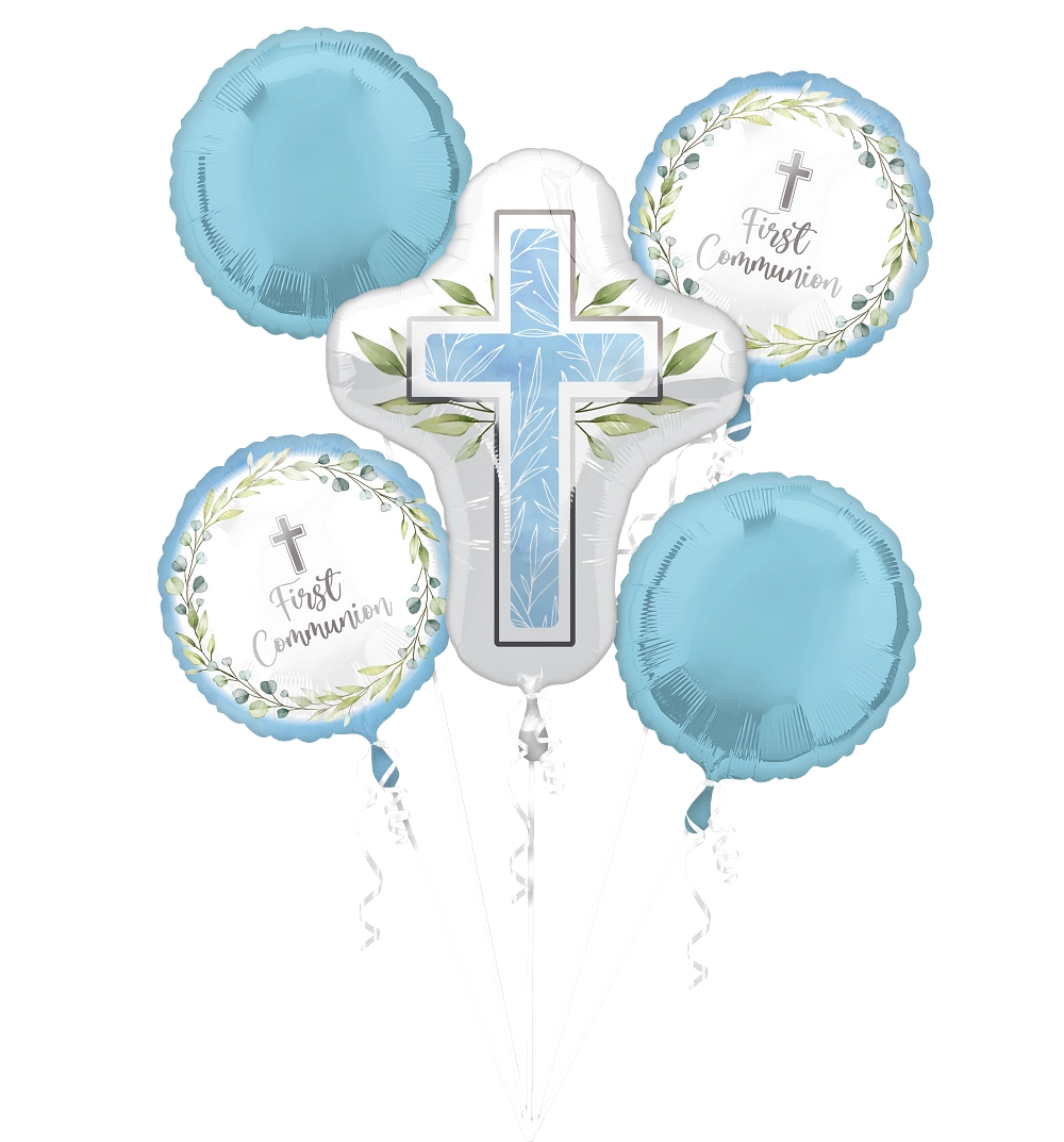 44512-My-First-Communion-Blue-Bouquet-Front.webp My First Communion Blue Foil Balloon Bouquet (5 Balloons) - Image 1