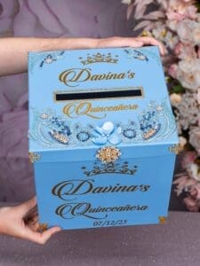 Light blue gold quinceanera money card box