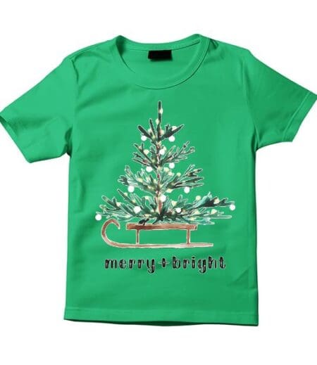 Merry + Bright T-Shirt - Sliding Pine Tree Design - Festive Christmas Graphic Tee for Holiday Cheer