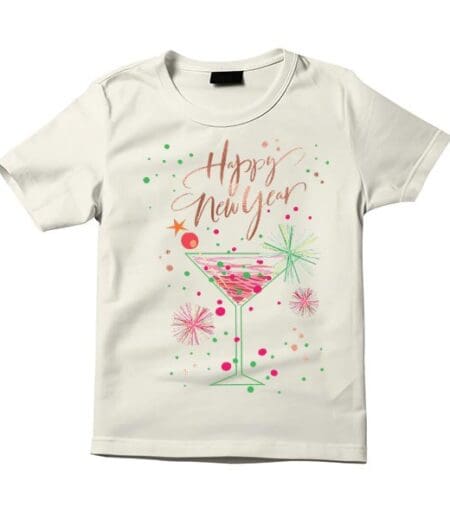 Happy New Year T-Shirt - Festive Fireworks and Martini Glass Celebration Graphic Tee