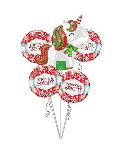Merry and Bright Christmas Unicorn Balloon Bouquet (5 Balloons)